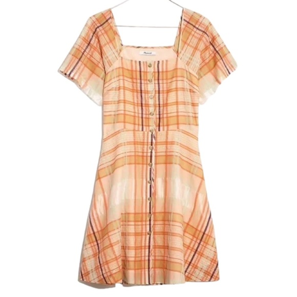 Madewell Silk Blend Orange Shimmer Plaid Mini Dress 2 NWT prairie boho - Picture 3 of 15